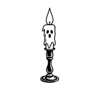 Halloween ghost candle with burning flame on vintage candlestick vector line art illustration
