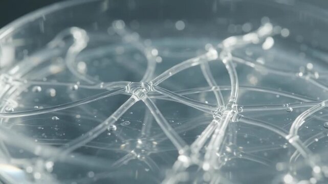 Delicate organic polymer filaments forming a porous scaffold in liquid medium, extreme close-up of bio-engineering hydrogel synthesis under soft ambient bokeh.