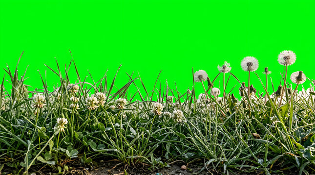 Low angle meadow grass and dandelion foreground on chroma key green screen