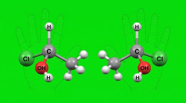 Chiral molecules demonstrating mirror image symmetry over wireframe