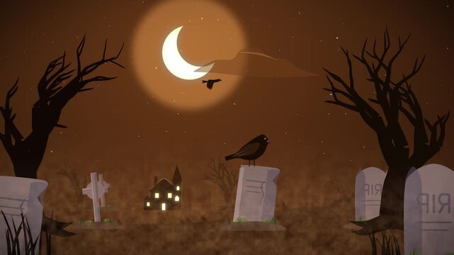 Animated spooky halloween graveyard with flying crows and glowing haunted house under moon