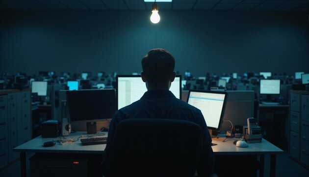Silhouetted Worker in Dimly Lit Office with Multiple Computer Monitors