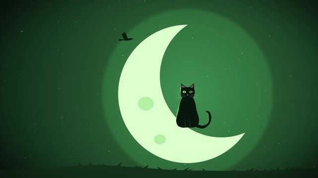 Classic halloween animation with a black cat sitting on a glowing toxic green moon while crows fly around at night