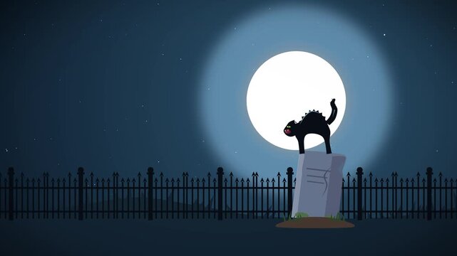 Classic spooky halloween animation with black cat hissing on tombstone under a full moon at night looping motion