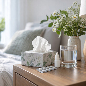 Tissue box, allergy pills, eye drops, glass of water, wildflowers on bedside table in bright bedroom, spring allergy