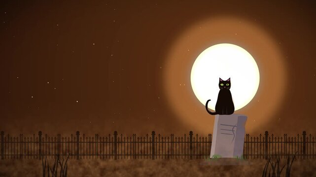 Classic halloween animation featuring black cat sitting on tombstone under glowing full moon with mist motion