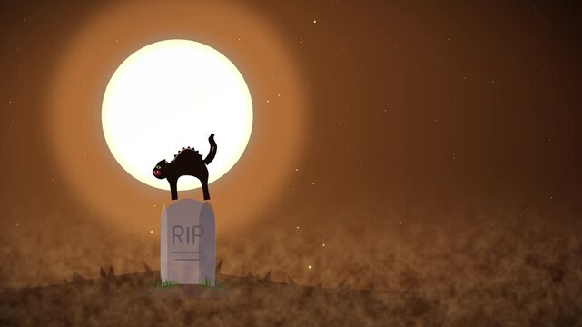 Spooky cartoon black cat stands on tombstone with arched back under full moon at night halloween motion