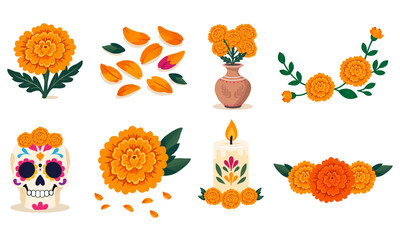 Fototapeta premium Ilustraciones por separado de flor de cempasúchil del día de muertos festividad mexicana
