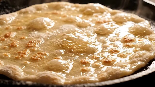 Pancakes Cooking in a Skillet, Flipping and Browning Over Time. Golden-Brown Breakfast Food Animation, Looping Footage.