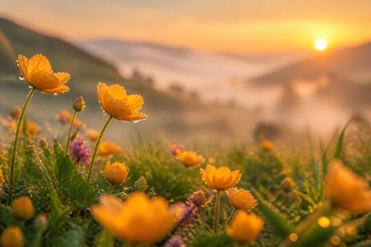 Vibrant yellow and orange wildflowers bloom in a misty, sunlit hillside landscape at sunrise or sunset.
