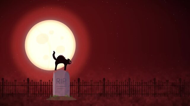 Animated spooky halloween scene featuring cartoon black cat on tombstone under glowing red blood moon fence