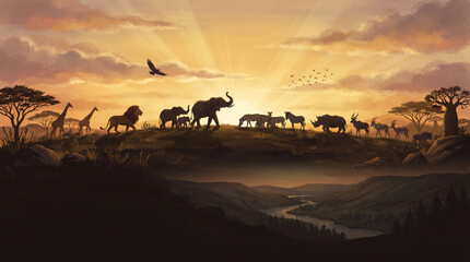 Obraz premium African safari animals migrating across savanna at sunset, scenic landscape