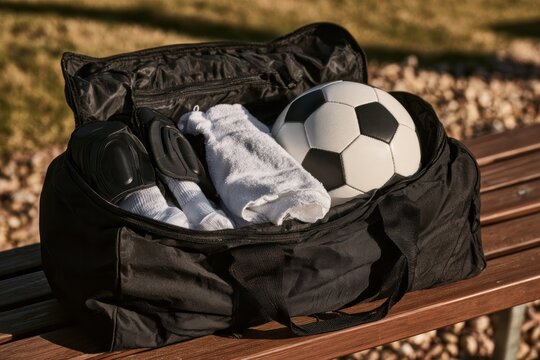 Open black sports duffel bag packed with football gear including classic soccer ball clean white towel socks and shin guards on a wooden bench outdoors