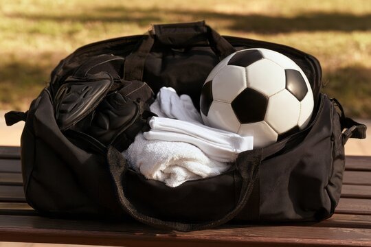 Open black sports duffel bag packed with football gear including classic soccer ball clean white towel socks and shin guards on a wooden bench outdoors