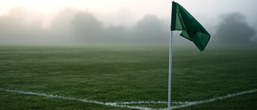 Green corner flag waving on an empty soccer pitch on a misty morning with copy space, dramatic football field background in dense fog