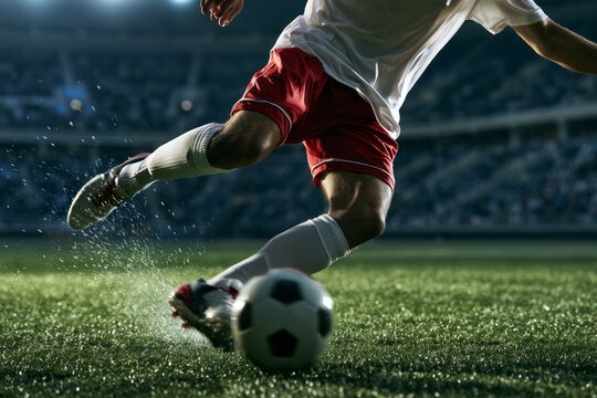 Close up of a football player in white and red sportswear striking a soccer ball on a lush green stadium pitch with water splashes frozen in motion
