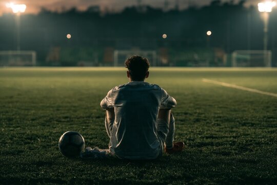 Rear view of a lonely soccer player sitting on the grass field next to a ball in an empty stadium at night, concepts of defeat fatigue or contemplation