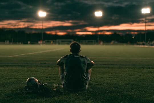 Rear view of a lonely soccer player sitting on the grass field next to a ball in an empty stadium at night, concepts of defeat fatigue or contemplation