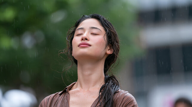 joyful woman with wavy black hair smiling with closed eyes in a light rain shower in the city showing freedom carefree mood and a love for life