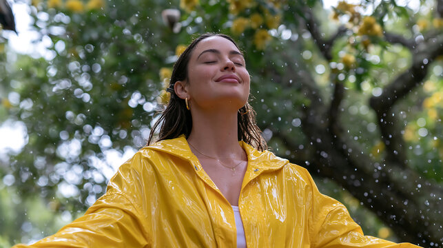 happy young woman in a white shirt enjoying the rain on a city street with water drops flying around her and colorful blurred lights in the background