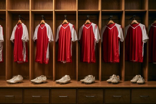 Row of unbranded red and white soccer jerseys hanging on hangers in an empty wooden team locker room with matching clean boots underneath