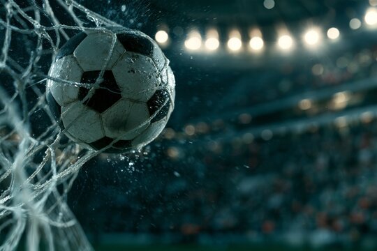 Classic black and white soccer ball hitting the back of the net, goal scoring moment during an intense football match at sunset stadium