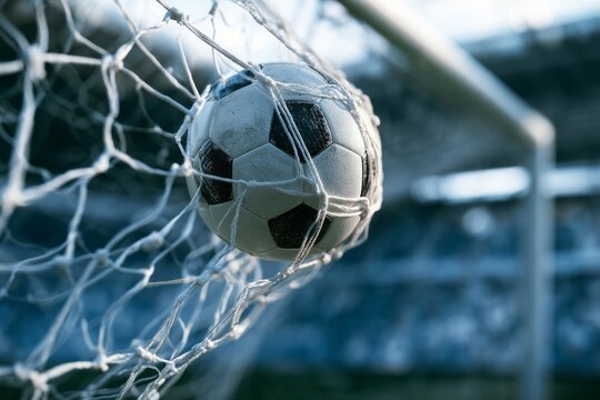 Classic black and white soccer ball hitting the back of the net, goal scoring moment during an intense football match at sunset stadium