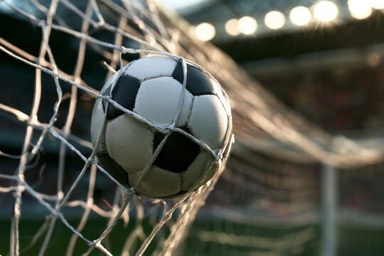 Classic black and white soccer ball hitting the back of the net, goal scoring moment during an intense football match at sunset stadium