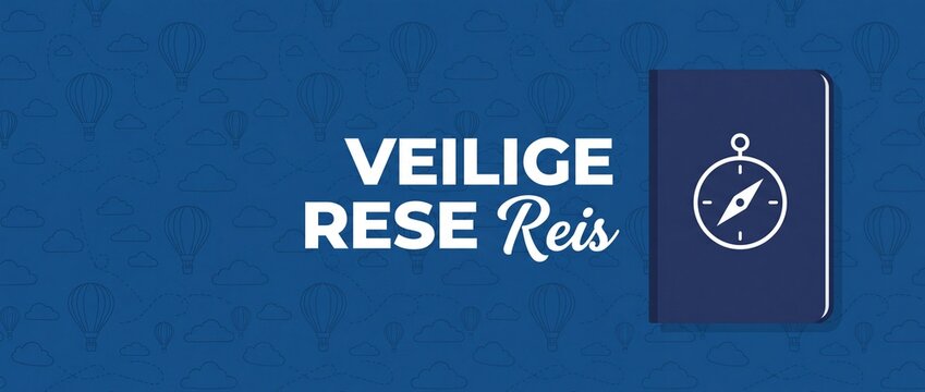 Safe travel concept banner passport notebook with compass icon on dark blue background with hot air balloons pattern, Dutch language text veilige reis wish for safe journey, vacation planning vector