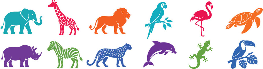 Obraz premium Set of colorful wild animal icons featuring elephant giraffe lion parrot flamingo and turtle