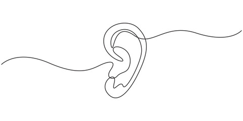 Obraz premium Human ear continuous single line drawing, Parts of five human senses, drowning with one continuous line with editable stroke vector illustration, Ear one line drawing and isolated continuous outline