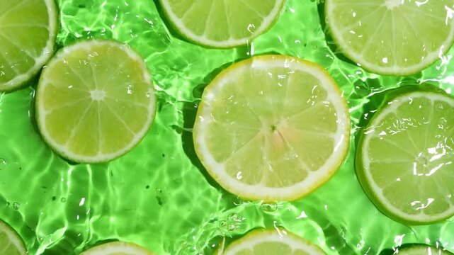 Overhead shot of juicy lemon and lime slices in clear water with ripples.