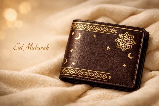 Elegant brown leather wallet with gold crescent pattern for eid mubarak greeting card and festive ramadan gift presentation