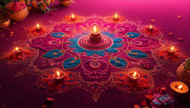 Colorful rangoli pattern with burning diya lamps for diwali festival decoration