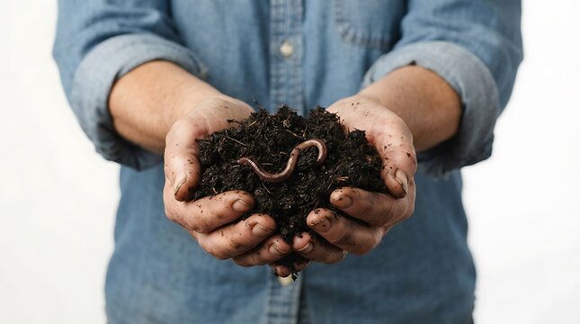 Farmer holding a handful of rich dark soil with a live earthworm for sustainable agriculture study