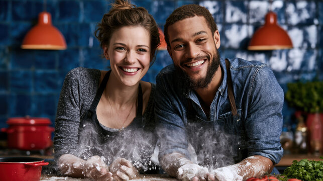 Happy multicultural couple cooking together in a modern kitchen