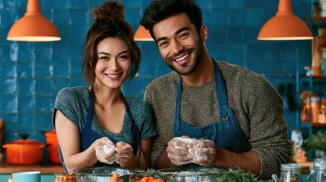 Smiling diverse couple baking together with flour in home kitchen