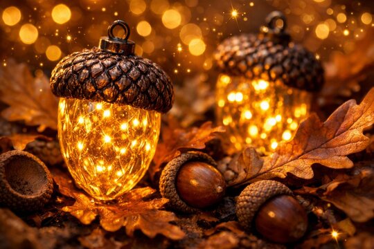Glowing acorn fairy lights nestled among oak leaves and acorns for autumn decor and cozy seasonal tabletop background