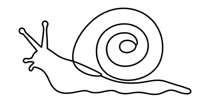 Continuous single line drawing of a cute garden snail with a spiral shell