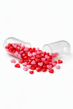 Pink and red heart candies spilling from clear capsule for valentine background and romantic candy medicine concept for love themed banner