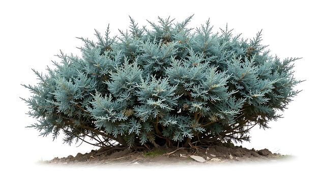 A blue-green juniper bush with a rounded shape is isolated on a white background.
