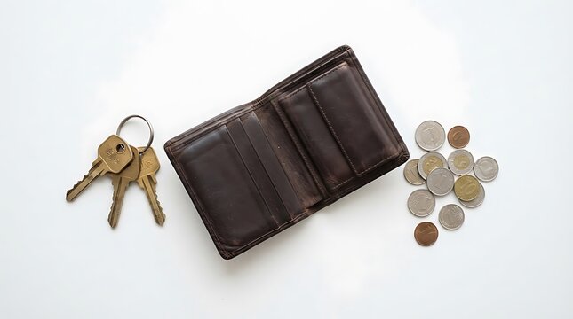 Empty brown leather wallet with metal house keys and scattered coins on a white background