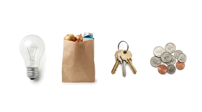 Essential household expense items including a light bulb, groceries, house keys, and US coins