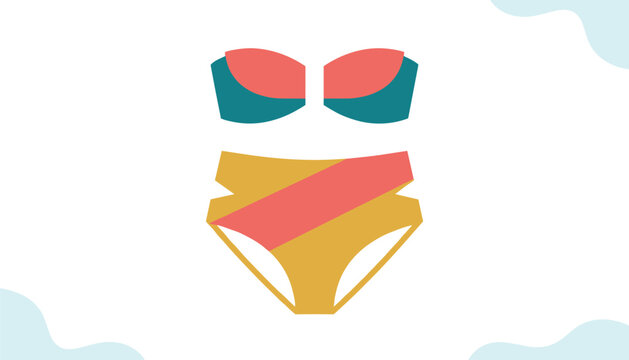 Two piece high waisted bikini swimsuit in teal, coral, and yellow color blocking pattern for summer beach fashion.