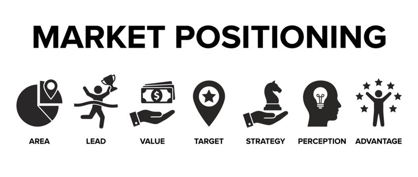 Market positioning icon set, business strategy vector elements, competitive advantage and target marketing icons