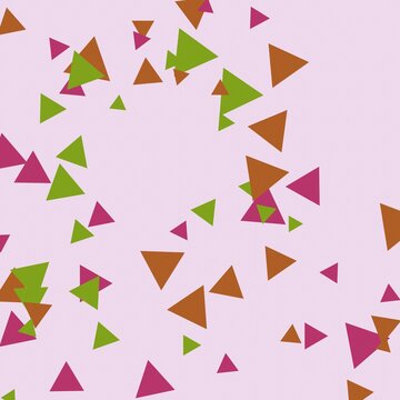Scattered triangles in green, brown, and magenta colors on a light pink background, for a wallpaper d