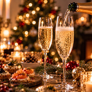 Fl&ucirc;tes de champagne p&eacute;tillant servies devant un sapin de No&euml;l illumin&eacute;, ambiance festive et &eacute;l&eacute;gante