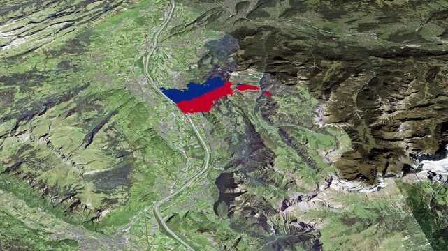 Satellite map animation of Liechtenstein with zoom in and zoom out, moving clouds, growing ink-shape waving flag of the country, yellow outline indicating the border. 