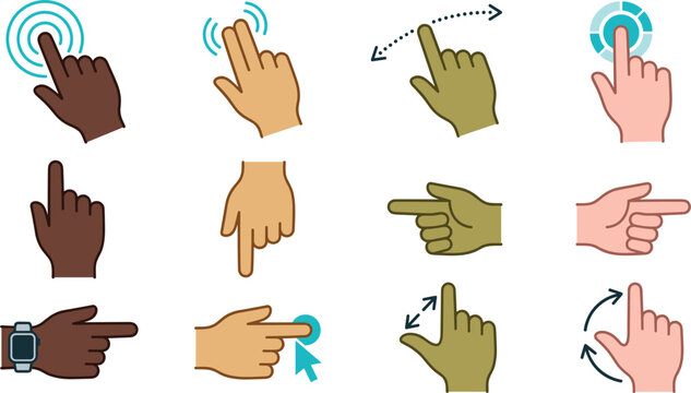 Touch Screen Hand Gestures Vector Icon Set Featuring Tap Swipe Zoom Rotate and Click Actions for Mobile User Interface and Application Designs