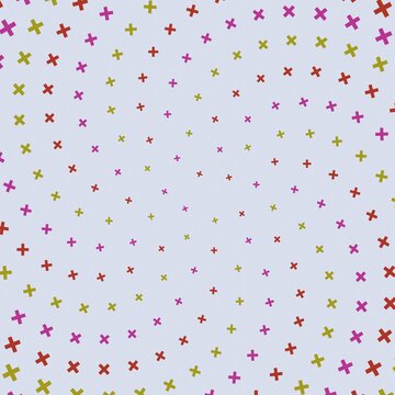 A light lavender background, featuring a swirling, pattern of small, plus signs in, red, gold and purple